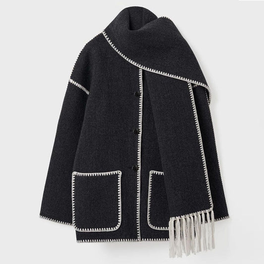 Woolen Jacket and Fringe Scarf - Monochrome