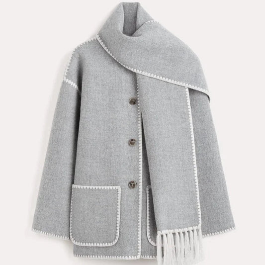 Woolen Jacket and Fringe Scarf - Light Charcoal
