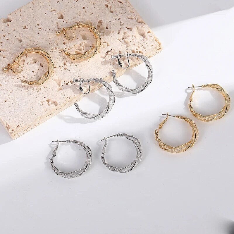 Glitter Chunky Silver or Gold Clip-On Hoop Earrings, 30mm/40mm Statement Hoops, 5mm Thick Clip-On Earrings for Non-Pierced Ears